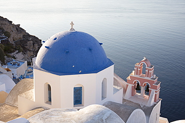 Blue-domed church in Santorini, Cyclades, Greek Islands, Greece, Europe