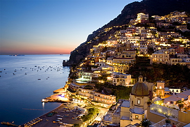 Sunset overlooking Positano on the Amalfi Coast, UNESCO World Heritage Site, Campania, Italy, Europe