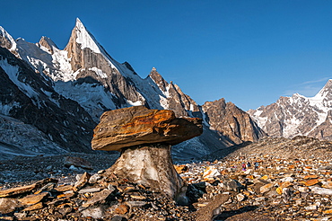 Laila Peak in the Hushe Valley, glacial table in the foreground, Karakoram Range, Gilgit-Baltistan, Pakistan, Asia