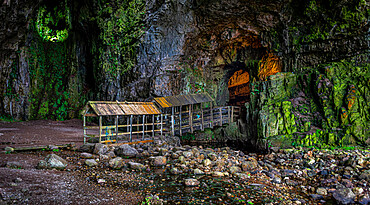 Smoo Cave near Durness, located on the popular NC500 route and one of the largest sea cave entrances in Britain, Highlands, Scotland, United Kingdom, Europe