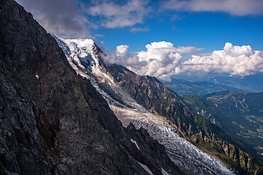 The Bossons Glacier one of the large glaciers of the Mont Blanc massif of the Alps, found in the Chamonix valley of Haute-Savoie, Rhone Alpes, France, Europe