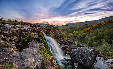 Sunset at the Loup o Fintry waterfall near the village of Fintry, Stirlingshire, Scotland, United Kingdom, Europe