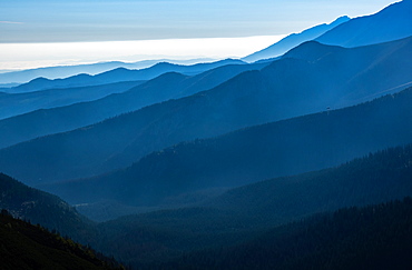 Looking over the Tatra Mountains from the summit of Giewont, 1894m, above the town of Zakopone, Poland, Europe