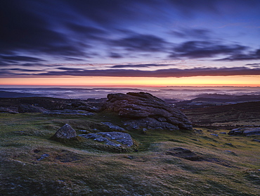 Dawn viewing East with mist in valleys, Dartmoor National Park seen from Haytor, Bovey Tracey, Devon, England, United Kingdom, Europe