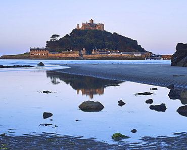 Twilight reflections of St. Michael's Mount in Marazion, Cornwall, England, United Kingdom, Europe