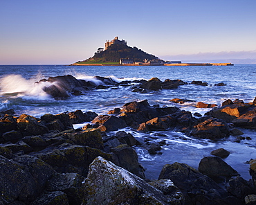 Winter dawn looking at St. Michael's Mount in Marazion, Cornwall, England, United Kingdom, Europe