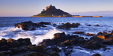 Winter dawn looking at St. Michael's Mount in Marazion, Cornwall, England, United Kingdom, Europe