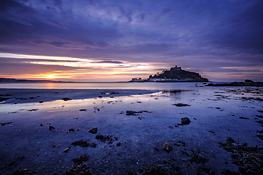 Winter sunrise at St. Michael's Mount in Marazion, Cornwall, England, United Kingdom, Europe