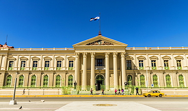 A front view of the Palacio National building in San Salvador, El Salvador, Central America