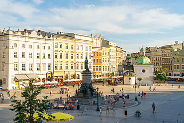 Elevated view of The Old Town Square and Adam Mickiewicz Monument, UNESCO World Heritage Site, Krakow, Poland, Europe