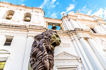 A lion statue outside the Cathedral of the Assumption of Mary, UNESCO World Heritage Site, Leon, Nicaragua, Central America