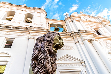 A lion statue outside the Cathedral of the Assumption of Mary, UNESCO World Heritage Site, Leon, Nicaragua, Central America