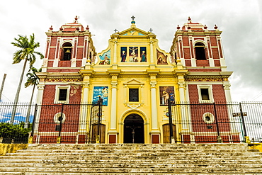 A view of the colourful Church of El Calvario, Leon, Nicaragua, Central America