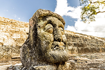 A face carving of Pauahtun in East Court at the Copan Ruins, UNESCO World Heritage Site, Copan, Honduras, Central America