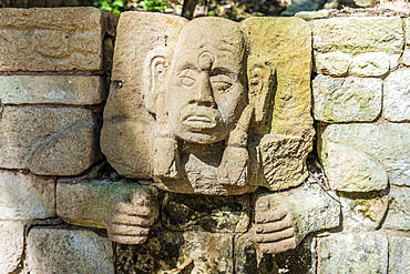 A carved face on a wall from Structure 29 in the Copan Ruins, UNESCO World Heritage Site, Copan, Honduras, Central America