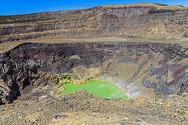 A view of the volcanic crater and colourful crater lake on Santa Ana Volcano in Santa Ana, El Salvador, Central America