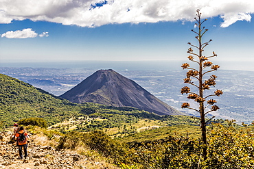 A view of Volcano Izalco and a hiker from Volcano Santa Ana (Ilamatepec ) in Santa Ana, El Salvador, Central America