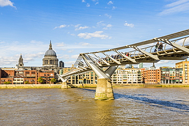 St. Paul's Cathedral and the Millennium Bridge over the River Thames, London, England, United Kingdom, Europe