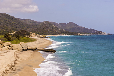 A view of a beach and the Caribbean sea in Tayrona National Park, Colombia, South America