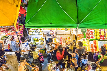 An aerial view of a fruit stall at the Banzaan night market in Patong, Phuket, Thailand, Southeast Asia, Asia