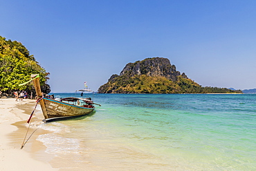 A long tail boat on Tup Island in Ao Nang, Krabi, Thailand, Southeast Asia, Asia