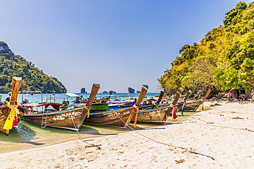 Long tail boats on Tup Island in Ao Nang, Krabi, Thailand, Southeast Asia, Asia