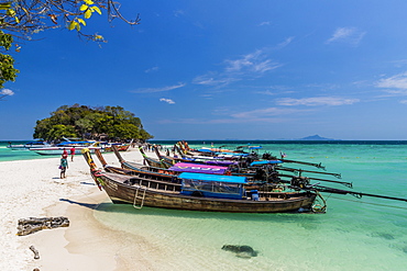 Long tail boats on Tup Island in Ao Nang, Krabi, Thailand, Southeast Asia, Asia