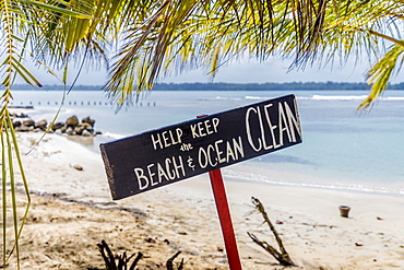 A sign on Bocas del Drago beach, Colon Island, Bocas del Toro Islands, Panama, Central America