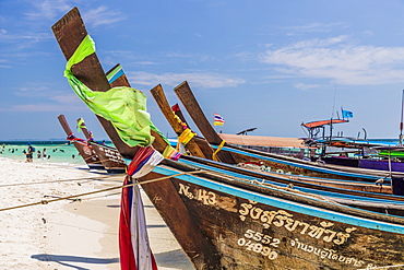 Long tail boats on Tup Island in Ao Nang, Krabi, Thailand, Southeast Asia, Asia