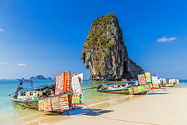 Food stalls on long tail boats on Phra Nang Cave Beach on Railay in Ao Nang, Krabi Province, Thailand, Southeast Asia, Asia