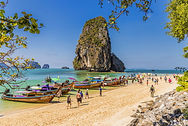 Long tail boats on Phra Nang Cave Beach on Railay in Ao Nang, Krabi Province, Thailand, Southeast Asia, Asia