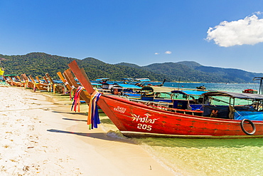 Long tail boats on Ko Rawi island in Tarutao Marine National Park, in Thailand, Southeast Asia, Asia