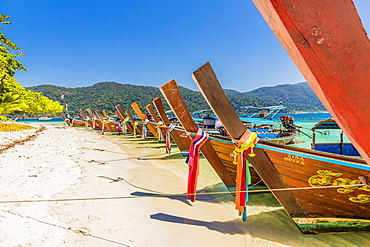 Long tail boats on Ko Rawi island in Tarutao Marine National Park, in Thailand, Southeast Asia, Asia