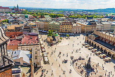 An elevated view over the Main Square in the medieval old town, UNESCO World Heritage Site, Krakow, Poland, Europe