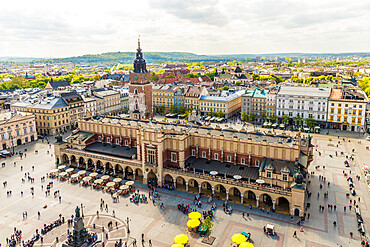 Elevated view of Cloth Hall in the Main Square in the medieval old town, UNESCO World Heritage Site, Krakow, Poland, Europe