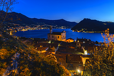 Blue Hour in Iseo lake, village of Marone in Brescia province, Lombardy district in Italy.