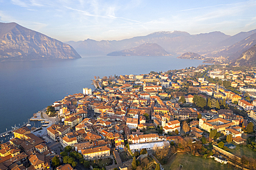 Aerial view, Iseo village, Iseo lake, at sunset, Brescia province, Lombardy district, Italy, Europe