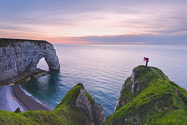 Les Falaises (cliffs) of Etretat at sunset, Etretat, Normandy, France, Europe