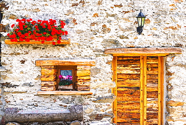 Facade of a mountain house in Alta Valtellina, Sondalo, Lombardy District, Italy, Europe