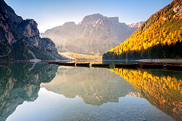 Alpine lake of Braies (Pragser Wildsee) in Trentino Alto Adige at dawn, Bolzano province, Dolomites, Italy, Europe