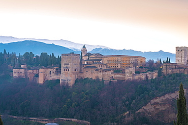 View of the Alhambra at sunrise, UNESCO World Heritage Site, from Albaicin area, Granada, Andalucia, Spain, Europe