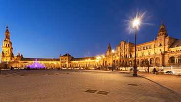 Long exposure of the Plaza de Espana in Parque de Maria Luisa at sunset, Seville, Andalucia, Spain, Europe