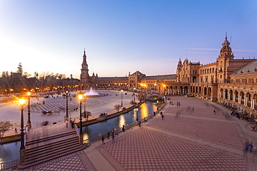 Plaza de Espana in Parque de Maria Luisa at sunset, Seville, Andalucia, Spain, Europe