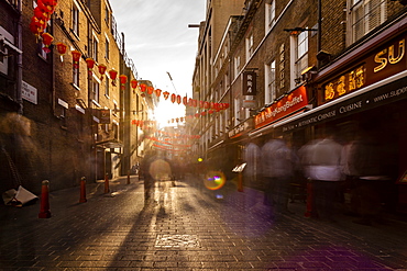 Long exposure of Lisle Street, Chinatown in the afternoon near Piccadilly Circus, London, England, United Kingdom, Europe