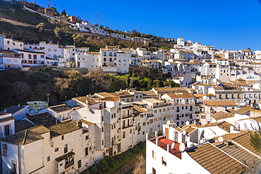 Overview of The Setenil de las Bodegas, with its white historic buildings and the houses under the rock mountain, Setenil de las Bodegas, Province of Cadiz, Spain, Europe