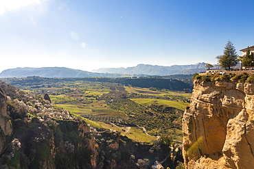 El Tajo Gorge with green landscape of the surroundings in the background, Ronda, Andalucia, Spain, Europe