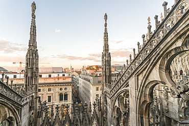 View of the Duomo (Cathedral) in Milan from the roof before sunset in winter, Milan, Lombardy, Italy, Europe