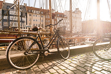 A bike parked on Nyhavn, the historic harbour, Copenhagen, Denmark, Europe