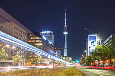 Alexander Platz by night with light trails, Berlin, Germany, Europe