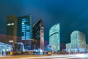 View of Potsdamer Platz in Berlin at night in autumn, Berlin, Germany, Europe